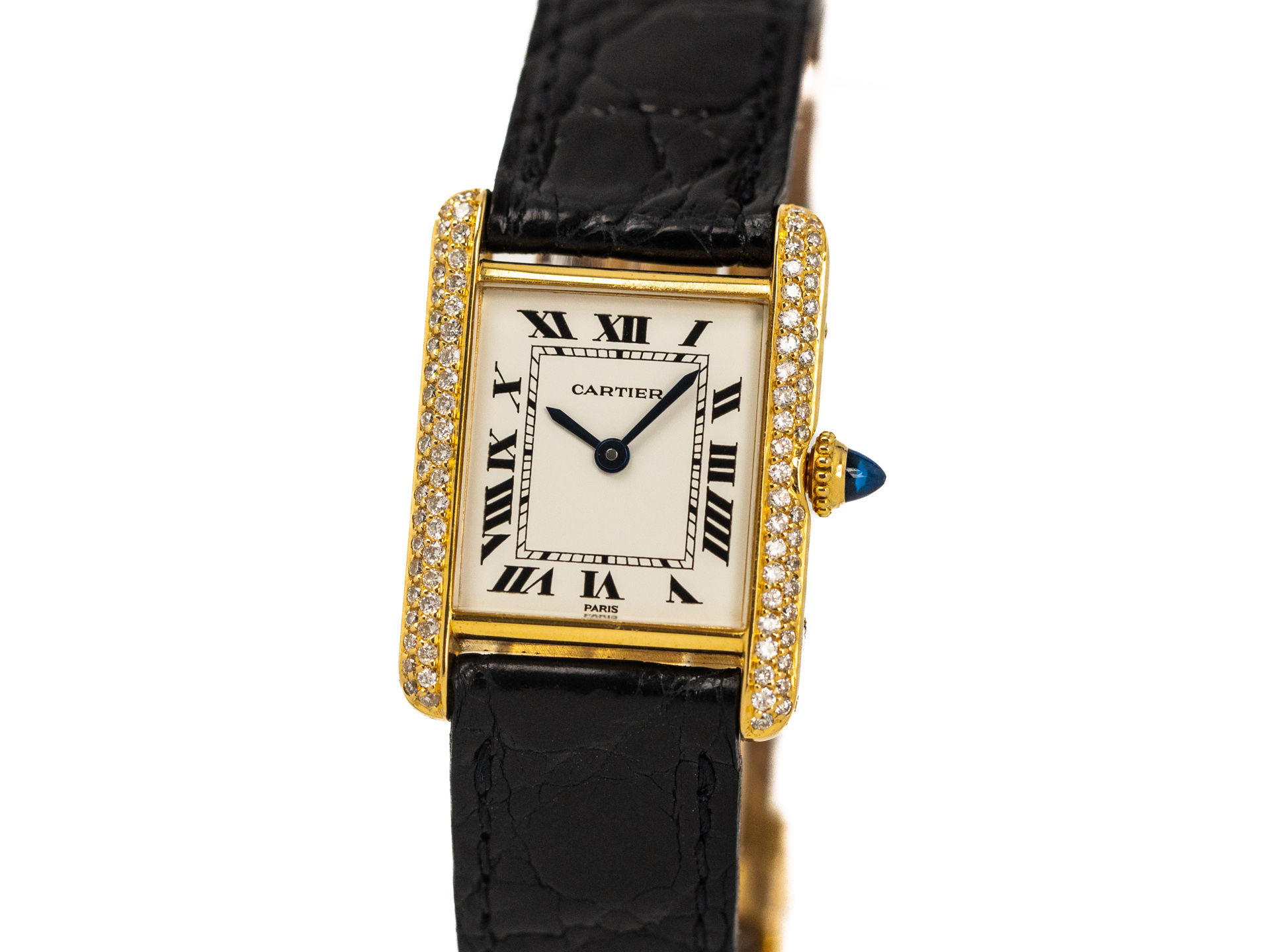 Cartier Tank Classic Paris Yellow Gold Black Strap Ladies Watch at