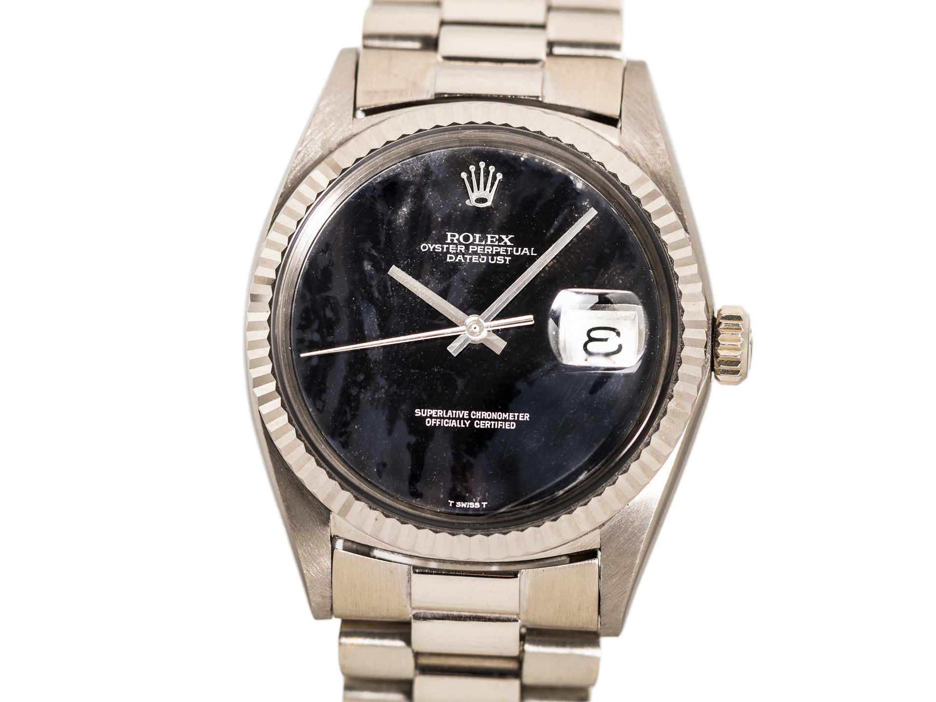 ROLEX Vintage DATEJUST Ref 1601 18k White Gold President OBSIDIAN